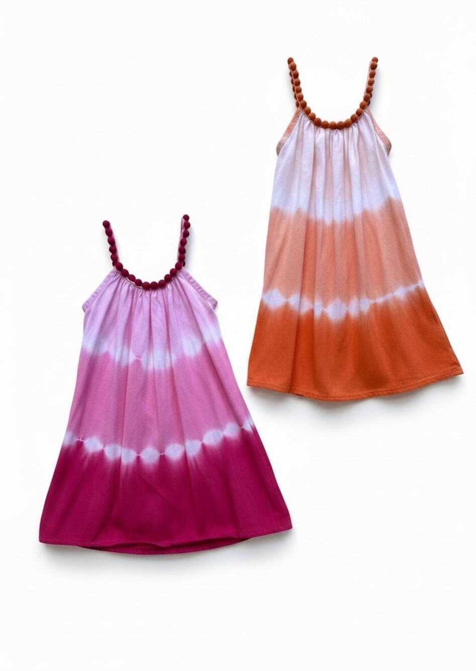 Kembali Tie Dye Dress Necklace Detail Set of 2, Baby Size XS(2T), Pink/ Orange